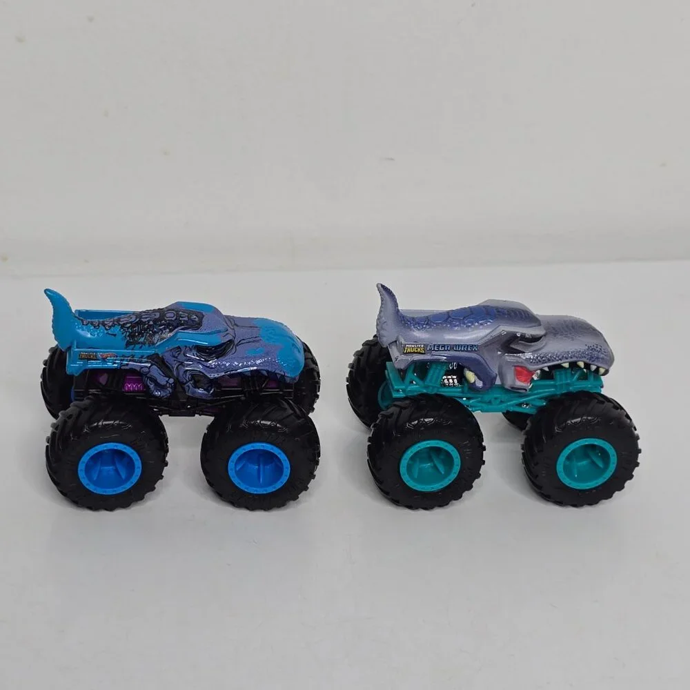 2 Hot Wheels Mega Wrex Monster Jam Trucks Lot Dinosaur 1:64 Blue Diecast